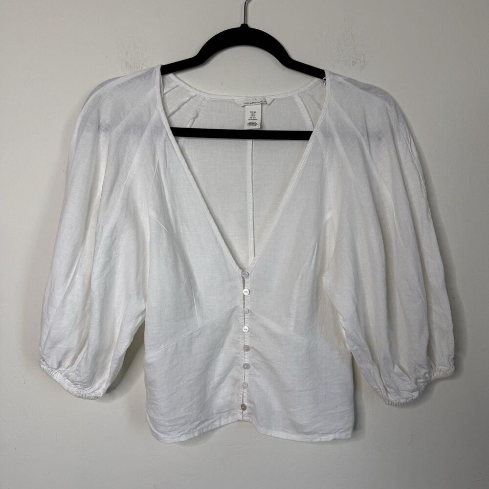 H&M Womens Linen Milkmaid Coquette Babydoll Top Size XS Puff Sleeve Cottagcore - Picture 2 of 12